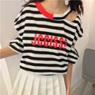 Lettering Striped Cut Out Detail Elbow Sleeve T-shirt