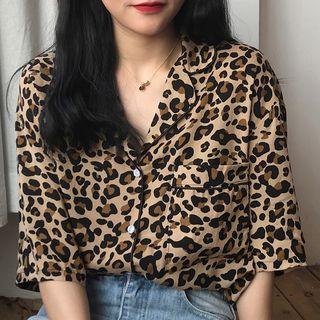 Elbow-sleeve Leopard Print Shirt