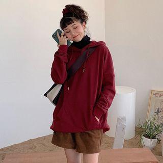 Loose-fit Plain Hoodie Wine Red - One Size