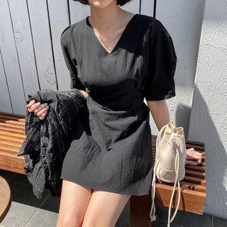 Puff-sleeve Pleated-waist Minidress