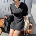 Puff-sleeve Pleated-waist Minidress
