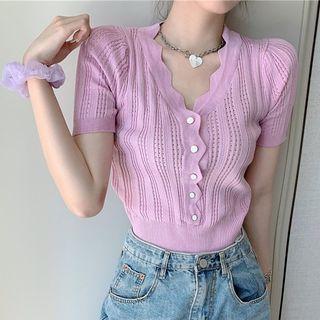 Short-sleeve Button Pointelle Knit Cropped Top