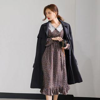 Lace-collar Floral Long Dress With Sash