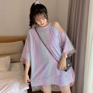 Asymmetric Shoulder Mesh Overlay Top