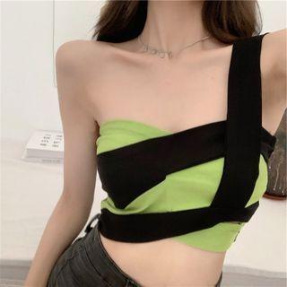 Asymmetrical Two-tone Cropped Camisole Top Black & Green - One Size