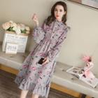 Ruffle Trim Printed Long-sleeve Dress