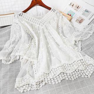 Elbow-sleeve Embroidered V-neck Top White - One Size