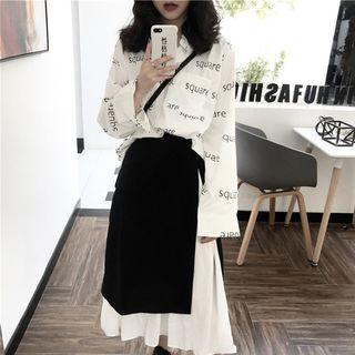 Lettering Shirt / Color Block A-line Skirt / Set