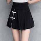 Frog-button Pleated Mini A-line Skirt