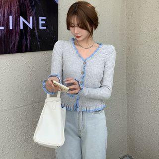 Long-sleeve Ruffle Button Knit Top Gray & Blue - One Size