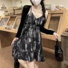 Spaghetti-strap V-neck Dye Mini Dress / Long-sleeve Plain Cardigan