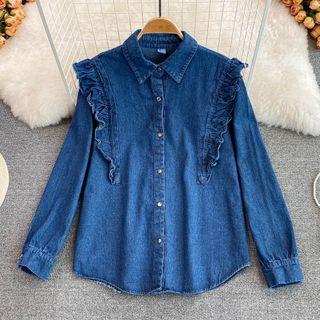 Long Sleeve Ruffle Denim Shirt Blue - One Size