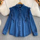 Long Sleeve Ruffle Denim Shirt Blue - One Size