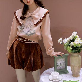 Bear Print Collared Sweatshirt / Shorts