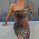 Leopard Print One-shoulder Side-slit Sheath Midi Dress