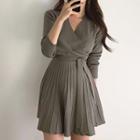 Long Sleeve V-neck Pleated Knit Dress