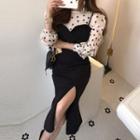 Dotted Long-sleeve Top / Side Slit Midi Spaghetti Strap Dress