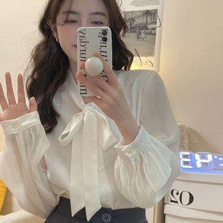 Tie-neck Puff-sleeve Blouse White - One Size