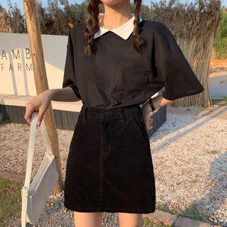 Elbow-sleeve Collar T-shirt / Mini A-line Skirt