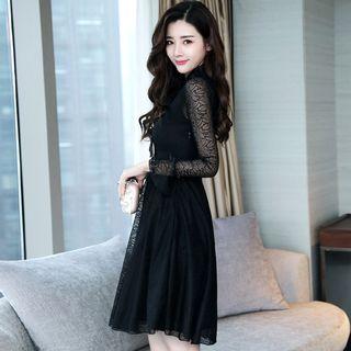 Bow Accent Lace Long Sleeve Dress