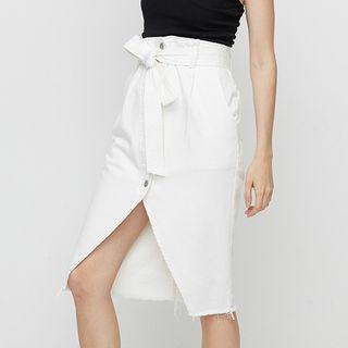 Front-slit Denim Straight-fit Skirt