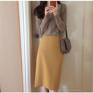 Plain V-neck Sweater / Plain High-waist Midi Straight-fit Skirt