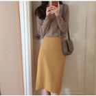 Plain V-neck Sweater / Plain High-waist Midi Straight-fit Skirt
