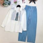Set: Floral Cropped Camisole Top + Long-sleeve Shirt + Wide-leg Pants