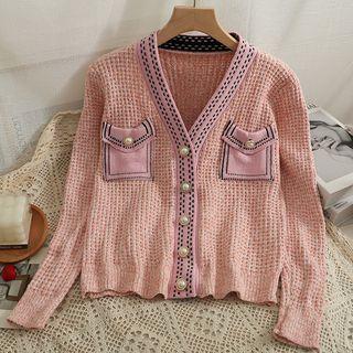 Glitter V-neck Loose Cardigan Pink - One Size