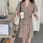 Plaid Double-breasted Short-sleeve A-line Dress Plaid - One Size
