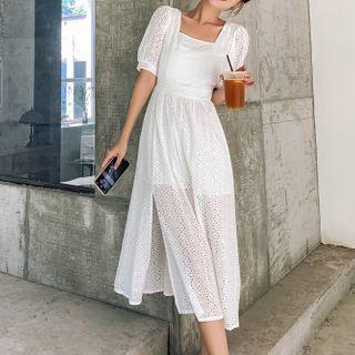 Eyelet Square-neck Midi A-line Dress