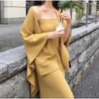 Set: Spaghetti Strap Midi Sheath Knit Dress + Sweater + Cape