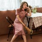 Short-sleeve Plaid Midi Qipao Dress
