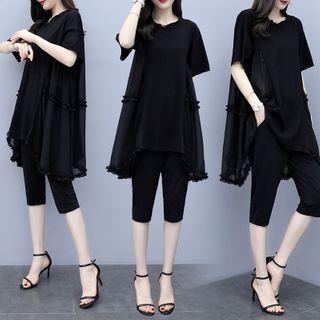 Set: Short-sleeve Ruffled Blouse + Capri Straight-cut Pants