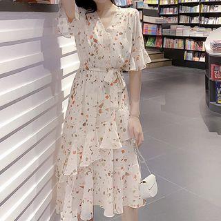 Floral Irregular V-neck Chiffon Dress