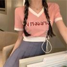 Short-sleeve V-neck Lettering Print Lace-up Crop Top