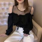 Mesh Panel Cold-shoulder Ruffle Trim Cropped Blouse