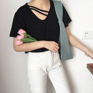 Cutout V-neck Loose-fit Plain Short-sleeve T-shirt