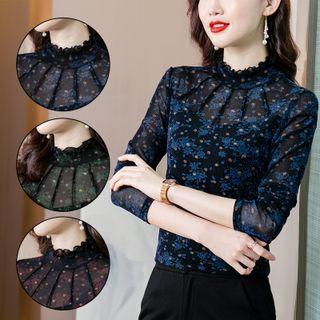 Long-sleeve Flower Print Mesh Top