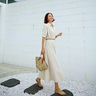 Collared Long Wrap Dress With Belt