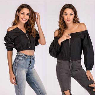 Front Zip Off-shoulder Long-sleeve Top