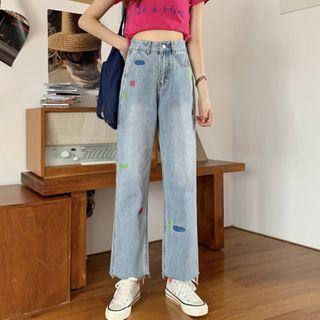 Washed Embroidered Wide Leg Jeans