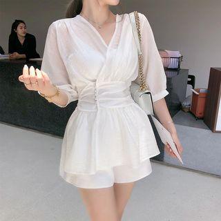 Set: Elbow-sleeve Top + Cropped Camisole Top + Shorts