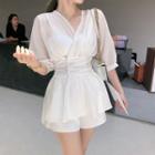 Set: Elbow-sleeve Top + Cropped Camisole Top + Shorts