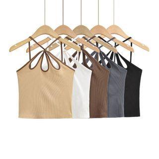 Contrast-trim Cut-out Halter-neck Crop Camisole Top