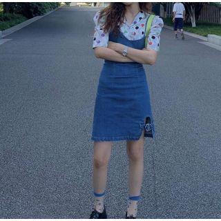 Short-sleeve Dotted Shirt / Denim Strappy Dress