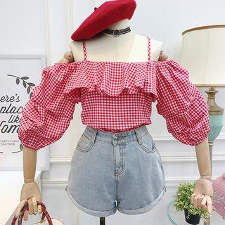 Off-shoulder Ruffled-trim Plaid Blouse