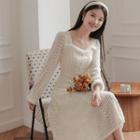 Long-sleeve Furry Trim Lace A-line Dress