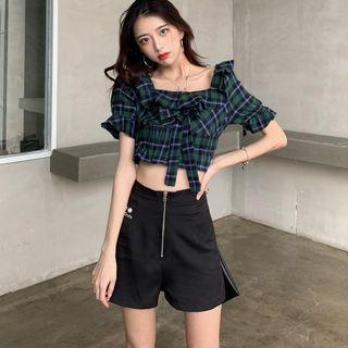 Plaid Short-sleeve Cropped Blouse / Embroidered High-waist Shorts