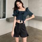 Plaid Short-sleeve Cropped Blouse / Embroidered High-waist Shorts